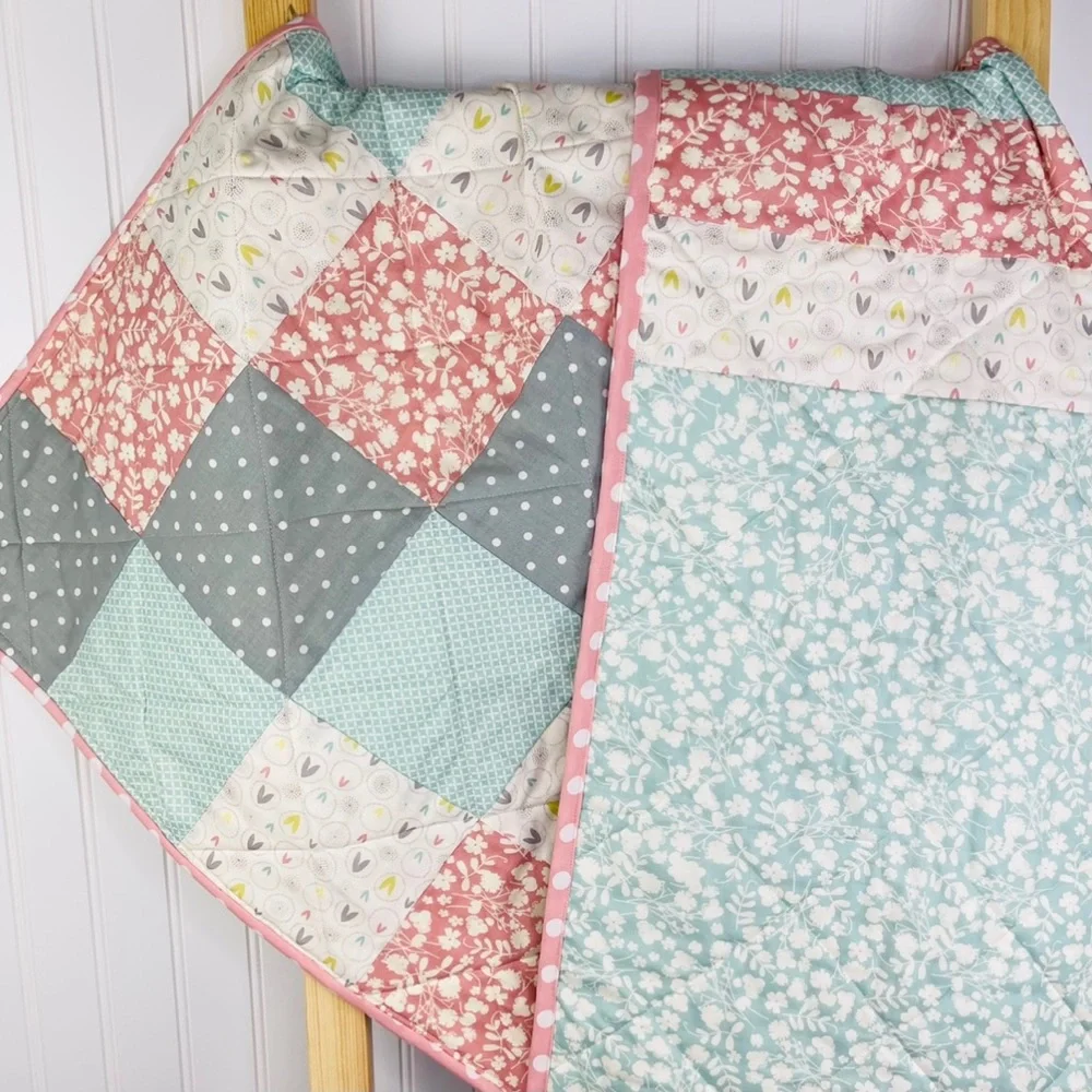 Handmade Easter / Spring Quilt Dusty Rose Blue Polka Dot Nursery Baby Bedding